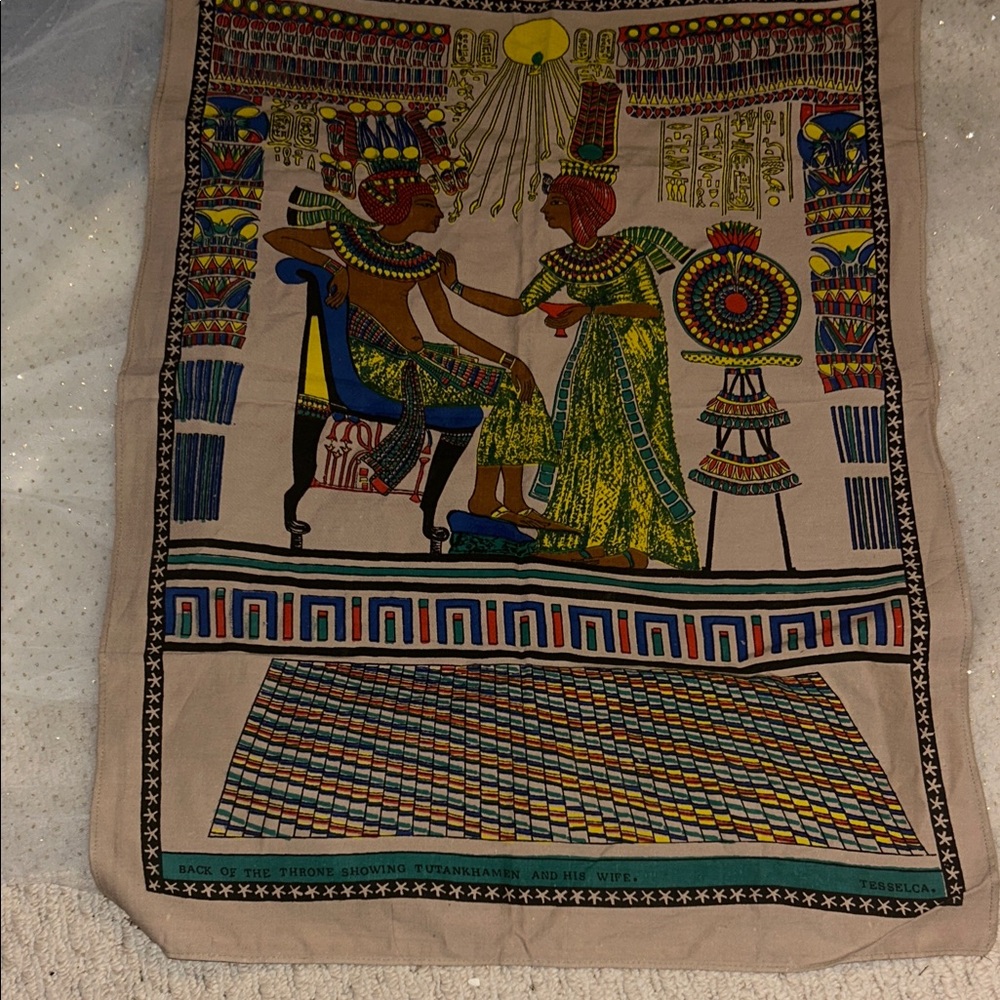 Colorful Egyptian Tapestry King Tuts wedding. Cloth print.
